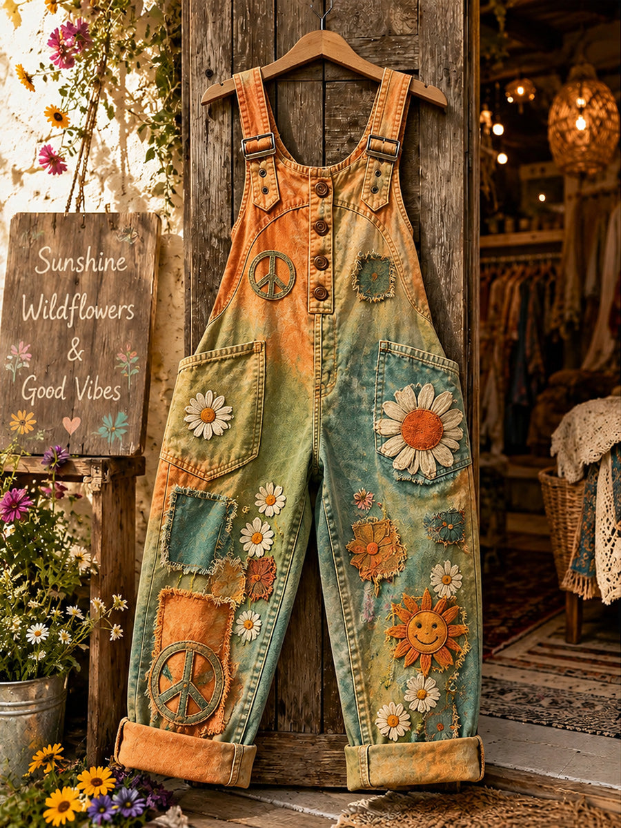 Women's Retro Style Art Print Washed Cotton Denim Patchwork Jumpsuit